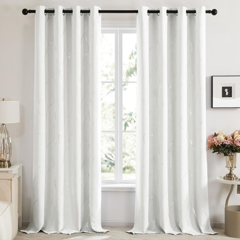 Blackout Curtains, 2 Pannels, White/Silver Wave Line Print, 52"W X 84"L, NWT
